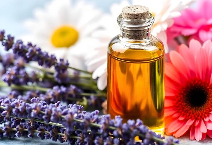 Lavender Oil in a Glass Bottle with Fresh Flowers